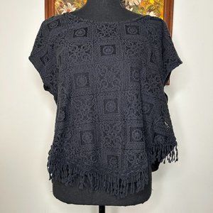 Cato Blouse Top Women's 18/20 Round Neck Lace Tasseled Black Geometric Tile